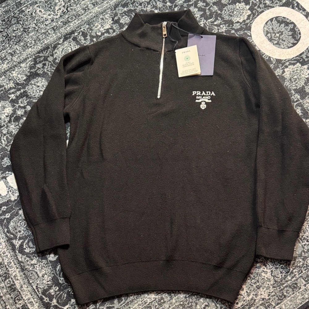 Vintage Prada Black Men's Half-Zip Knit Sweater with Chest Logo
